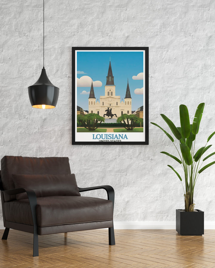 This canvas art print features Louisianas St. Louis Cathedral in the heart of New Orleans. The intricate design emphasizes the majestic beauty of the cathedral and the surrounding French Quarter, perfect for those who love Southern history, architecture, and the unique culture of Louisiana.