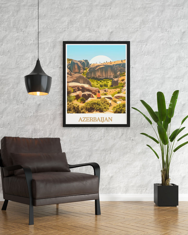 Transform your home with Gobustan National Park modern decor capturing the ancient rock art and stunning landscapes of Azerbaijan this elegant wall art adds a touch of sophistication and history to any room making it a great choice for personalized gifts and decor