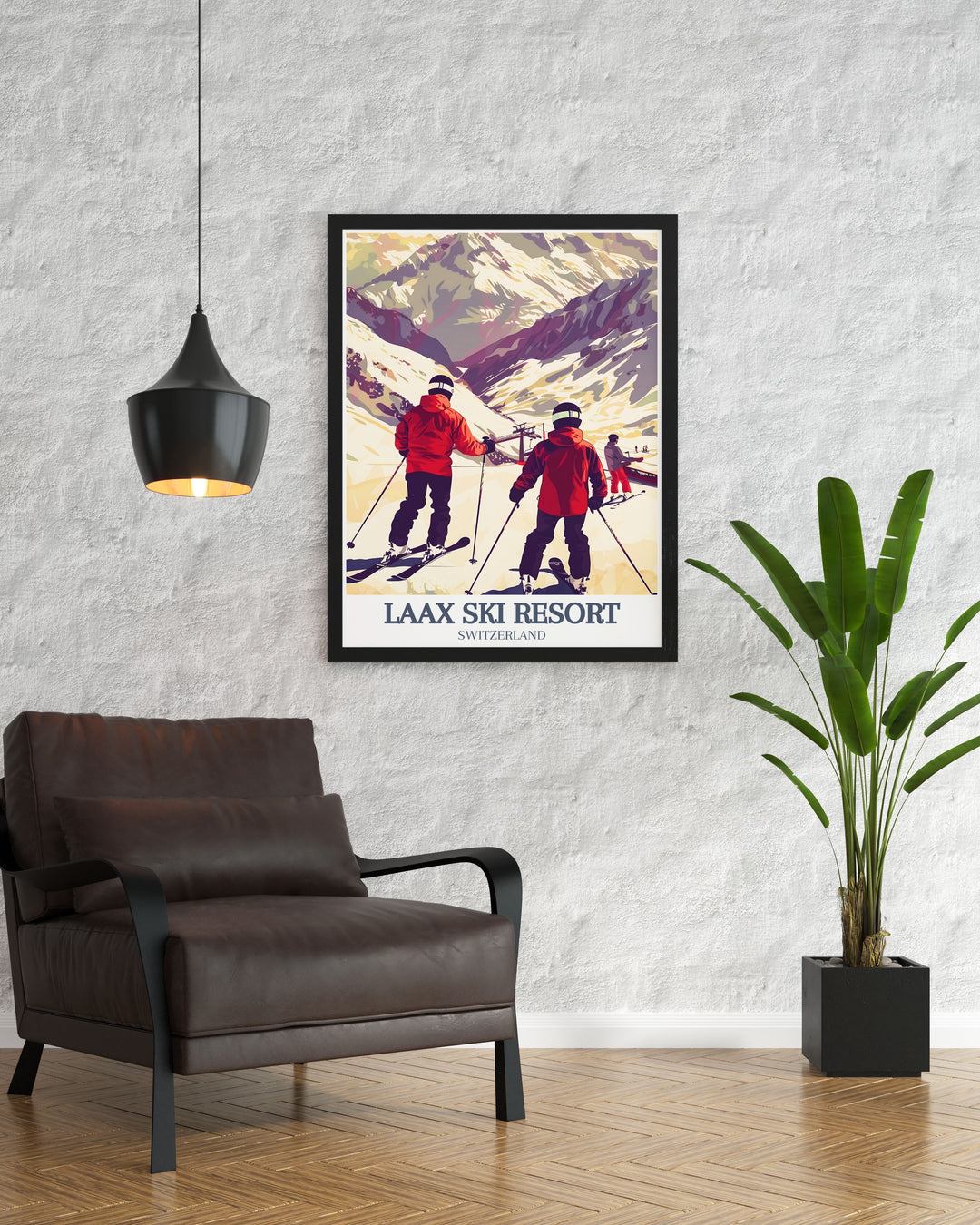 Experience the beauty of the Swiss Alps with the Laax Resort Print featuring Crap Masegn Flims Laax Falera and winter sports imagery that brings alpine charm and elegance to your living space ideal for travel and snowboarding enthusiasts.