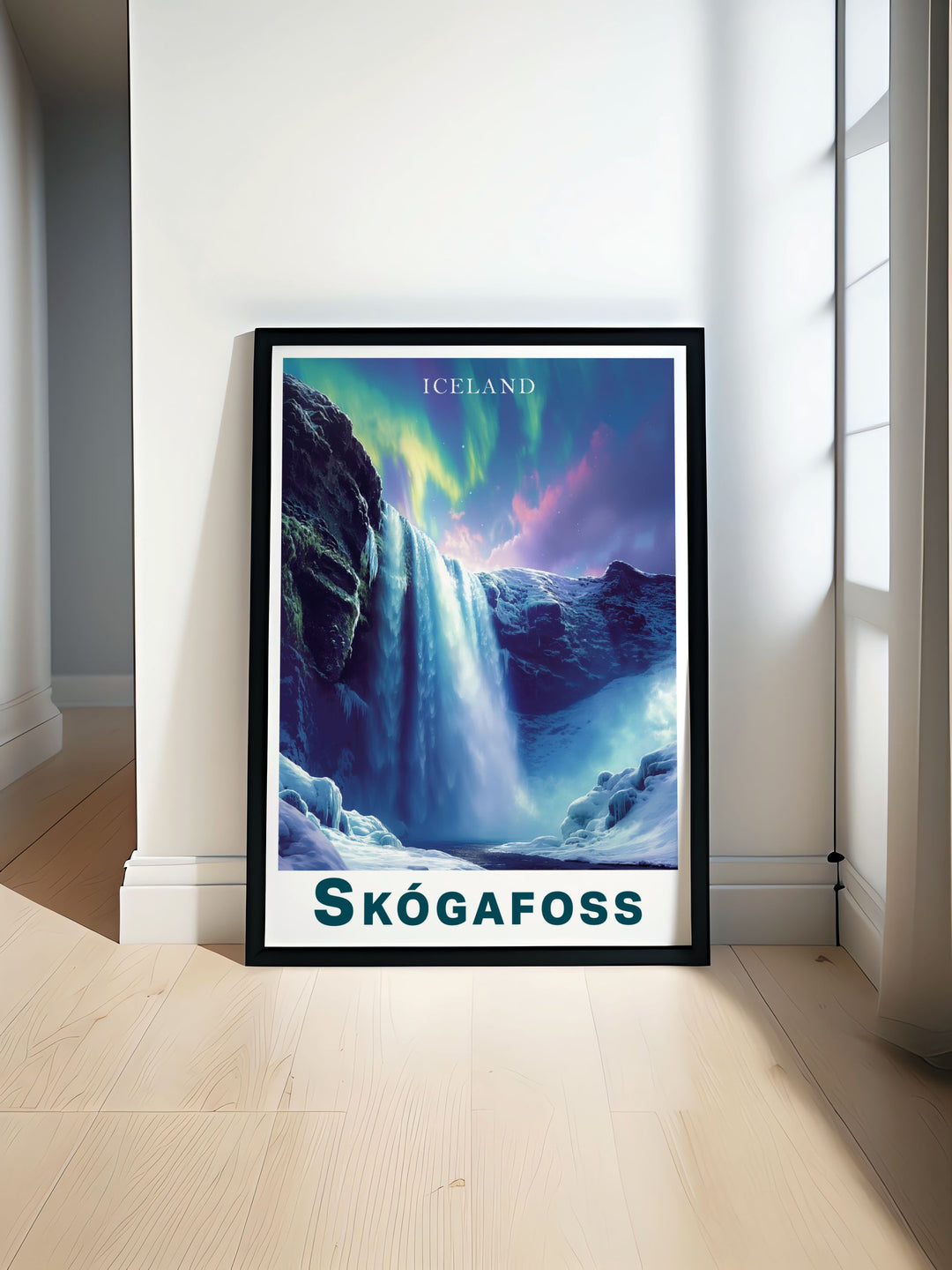 Stunning Skogafoss waterfall northern lights travel poster showcasing the vibrant colors of the aurora borealis over the majestic Icelandic waterfall perfect for adding a touch of Icelands natural beauty to your home decor collection