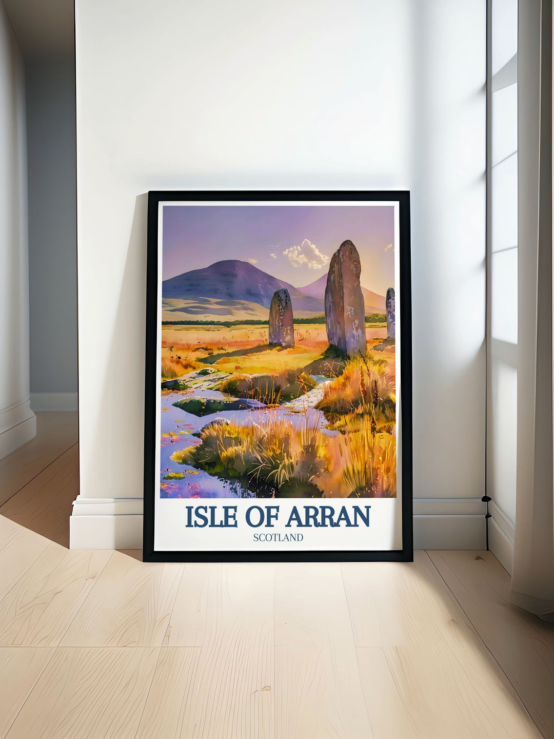 Framed art featuring the captivating beauty of Machrie Moor Standing Stones, including their ancient history and mysterious allure, bringing the essence of the Scottish countryside into your home.