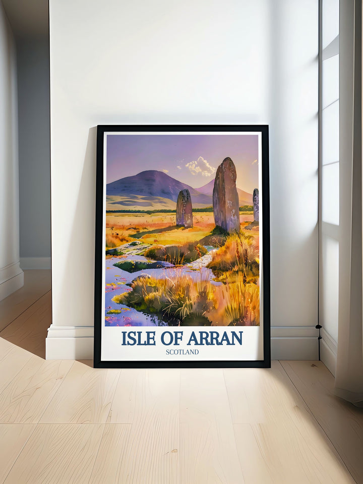 Isle of Arran decor featuring iconic landmarks, perfect for thoughtful gifts or personal use. This travel print embodies the vibrancy of the island, making it a cherished piece for art lovers and travelers alike.