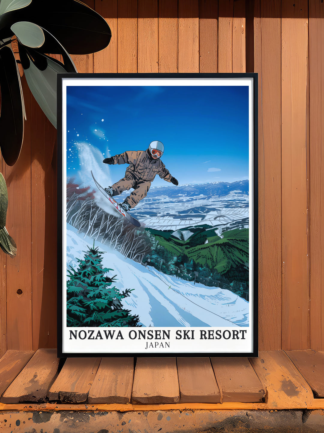 Hikage Base Wall Art features the dynamic scenes of Nozawa Onsens central area, where skiers gather amidst the stunning backdrop of the Japanese Alps. A perfect piece for those who love action packed winter sports.