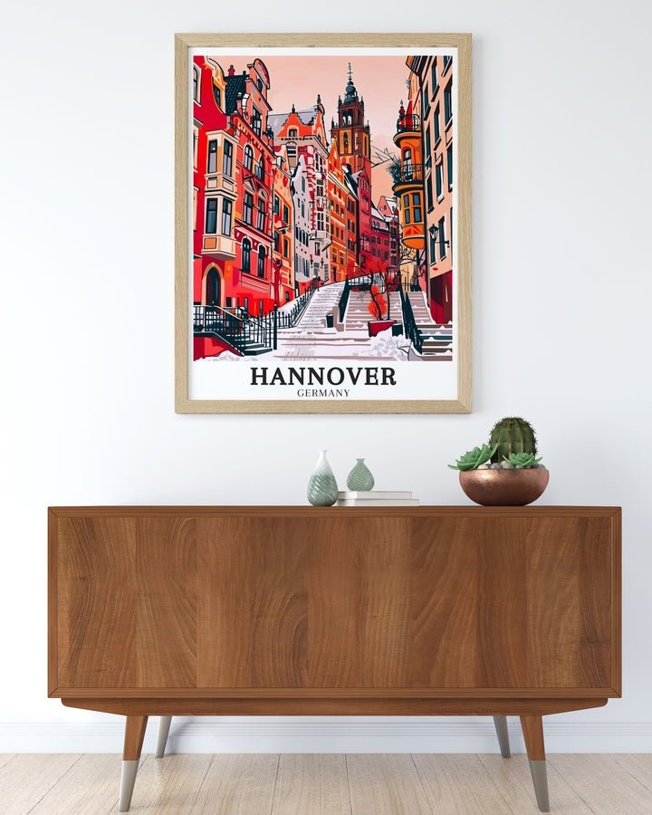 A detailed art print of Hannover Germany featuring the historic charm of its Old Town with its medieval architecture and cobblestone streets perfect for adding a touch of European elegance to your home decor or as a thoughtful gift for lovers of German history and culture