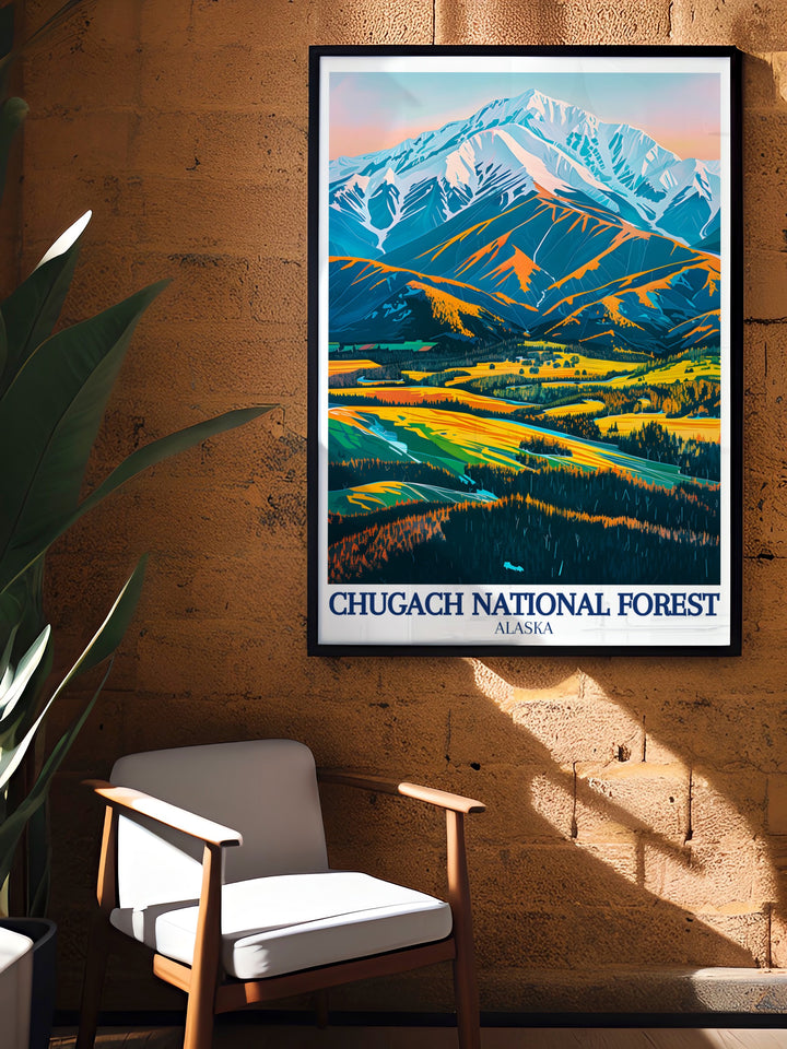 A stunning travel print of the Chugach Mountains and Copper River Delta, this poster brings the majestic beauty of Alaska into your home. Ideal for nature lovers, this piece of wall decor showcases the tranquil and untouched wilderness of Chugach National Forest.