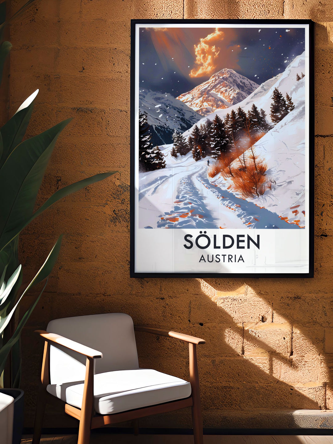 The iconic Rettenbach Glacier and the dynamic slopes of Solden are beautifully illustrated in this poster, offering a unique view of Austrias premier ski destination, perfect for art lovers and adventure enthusiasts.