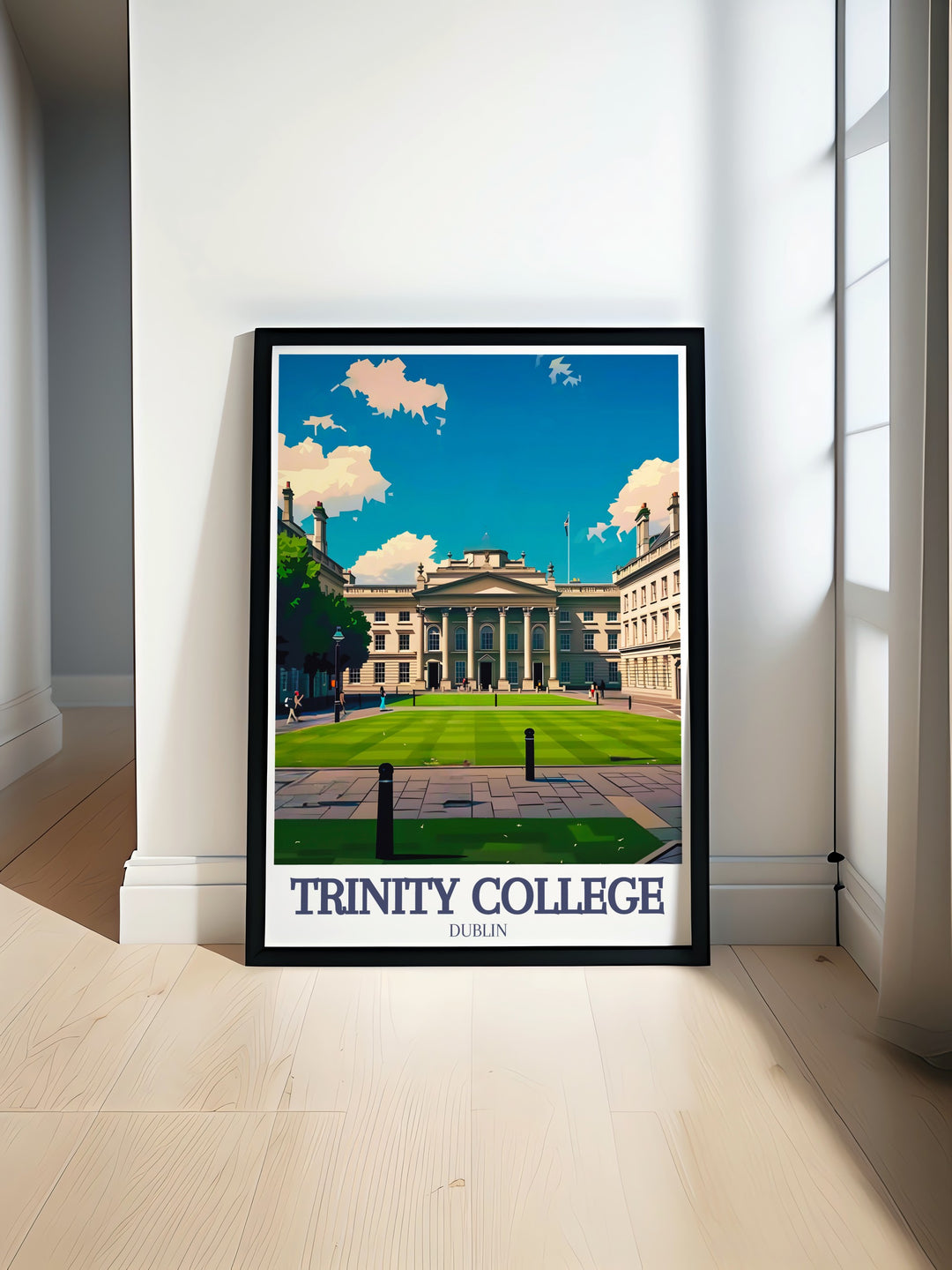 Trinity Colleges historic Campanile and cobblestone courtyards are brought to life in this Cambridge travel print. Perfect for those who appreciate English architecture, this framed art adds a touch of elegance to any space.