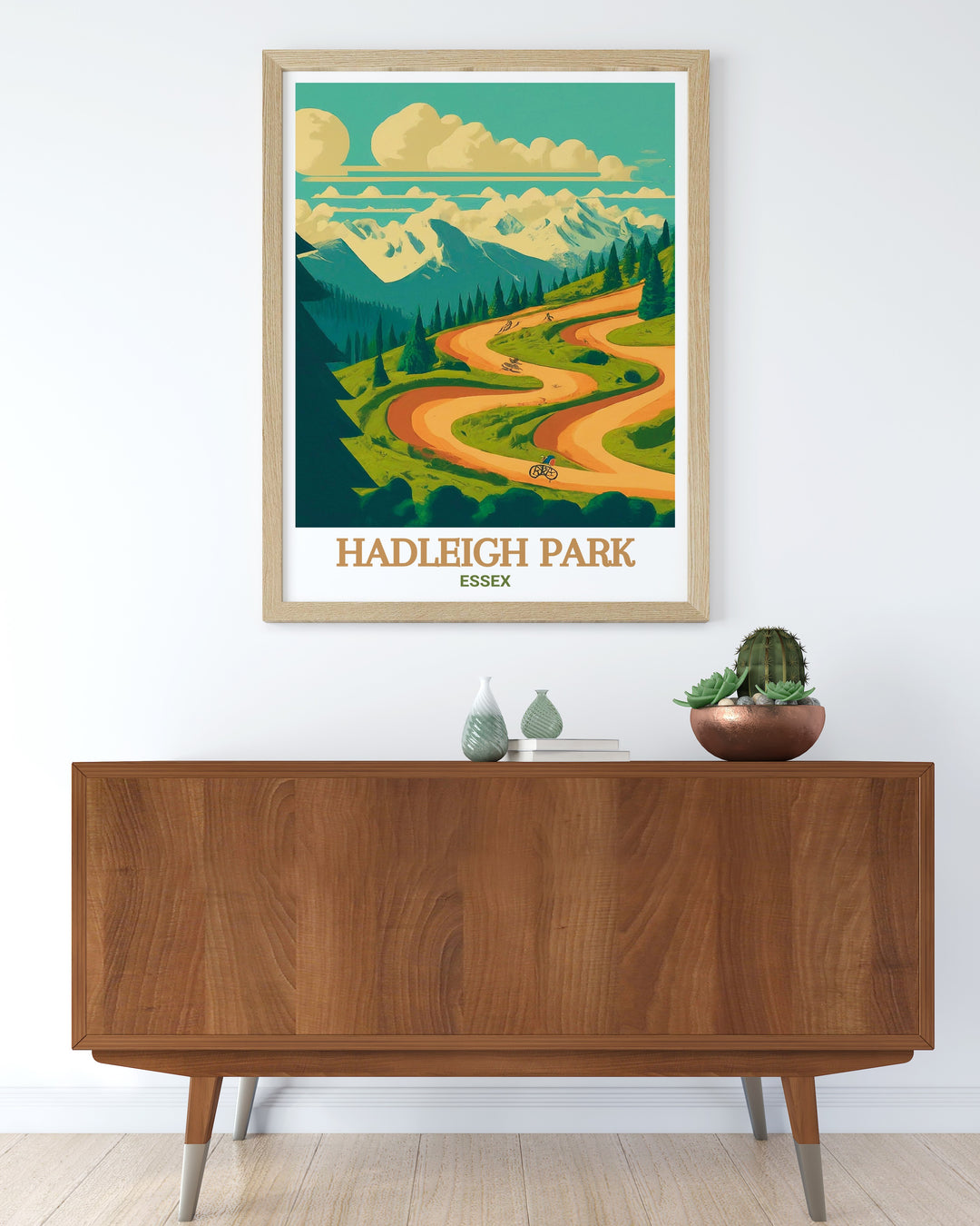 Hadleigh Park mountain biking travel print featuring the Olympic Mountain Bike Course in Essex. Perfect for cycling enthusiasts and home decor. Capture the thrill and scenic beauty of this renowned destination with vibrant and detailed artwork.