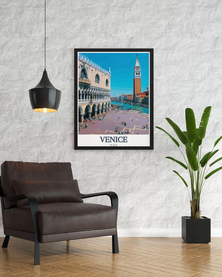 A detailed travel print showcasing Venices Grand Canal and St. Marks Square, two of the citys most iconic landmarks. Perfect for travel enthusiasts and Italy lovers, this wall art captures the essence of Venice in timeless style.