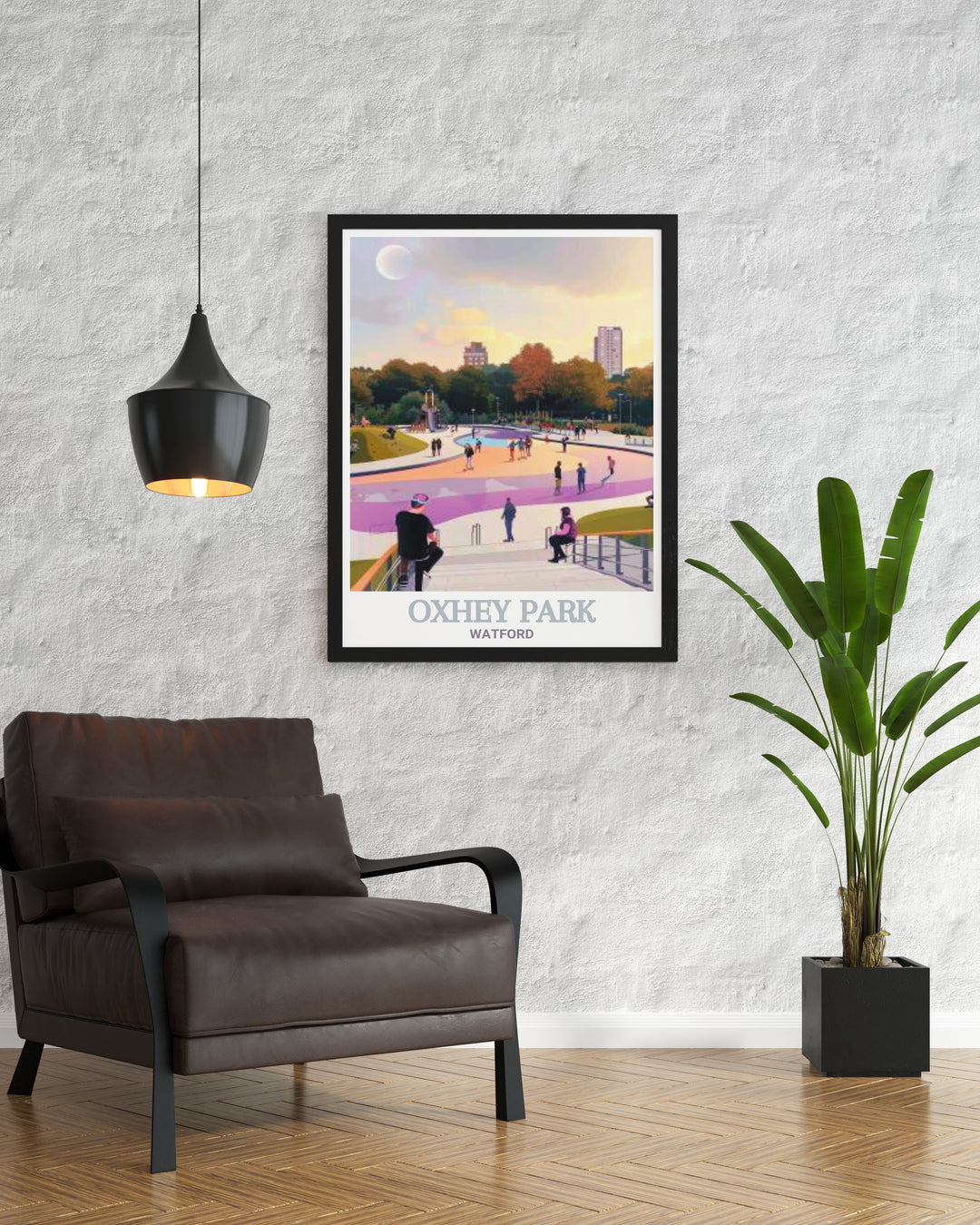 Framed Oxhey Park Skate Park Poster Print is a striking piece that brings the beauty of Oxhey Park Watford into your home ideal for those who love Hertfordshire landscapes and modern art featuring the River Colne and Bushey and Oxhey areas.