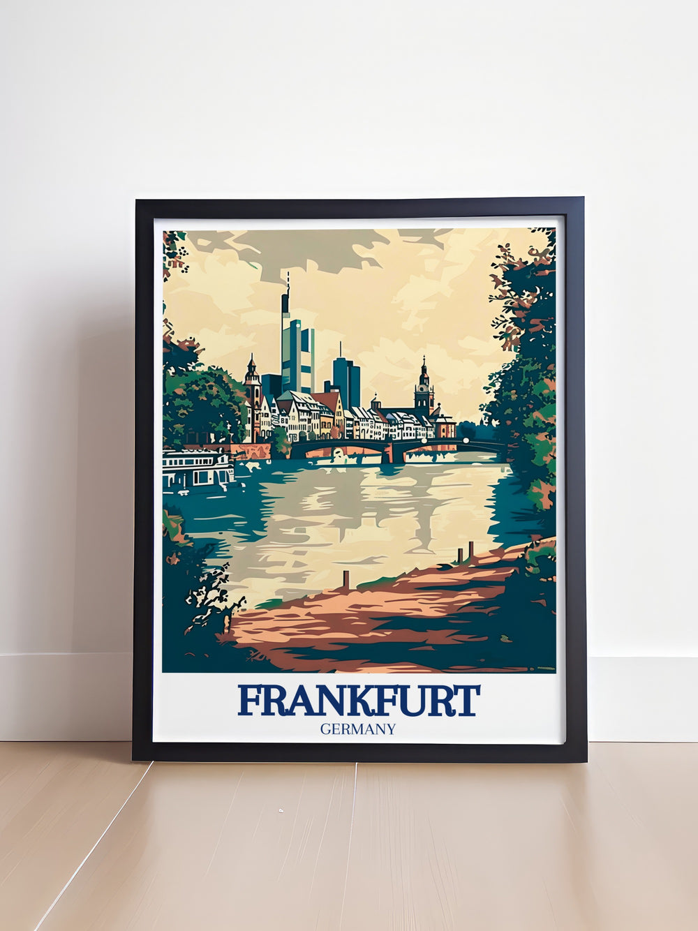 A custom art print featuring Frankfurts iconic Eiserner Steg and the River Main, highlighting the connection between the citys past and present. The artwork captures the dynamic energy of Frankfurt, making it an ideal piece for art lovers and travel enthusiasts who wish to bring a piece of Germany into their homes.