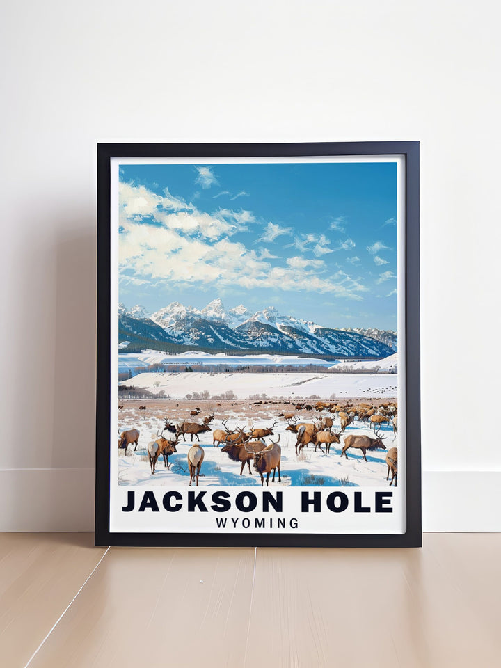 The detailed illustration of Jackson Holes dramatic mountain scenery and the National Elk Refuges majestic elk herds brings natures beauty into your home.