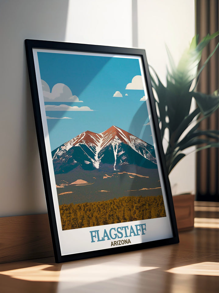 San Francisco Peaks wall art showcases Arizonas highest mountains in all their grandeur, with their snow capped peaks and majestic presence. This travel print is an ideal piece for mountain lovers and those who cherish the beauty of the outdoors.