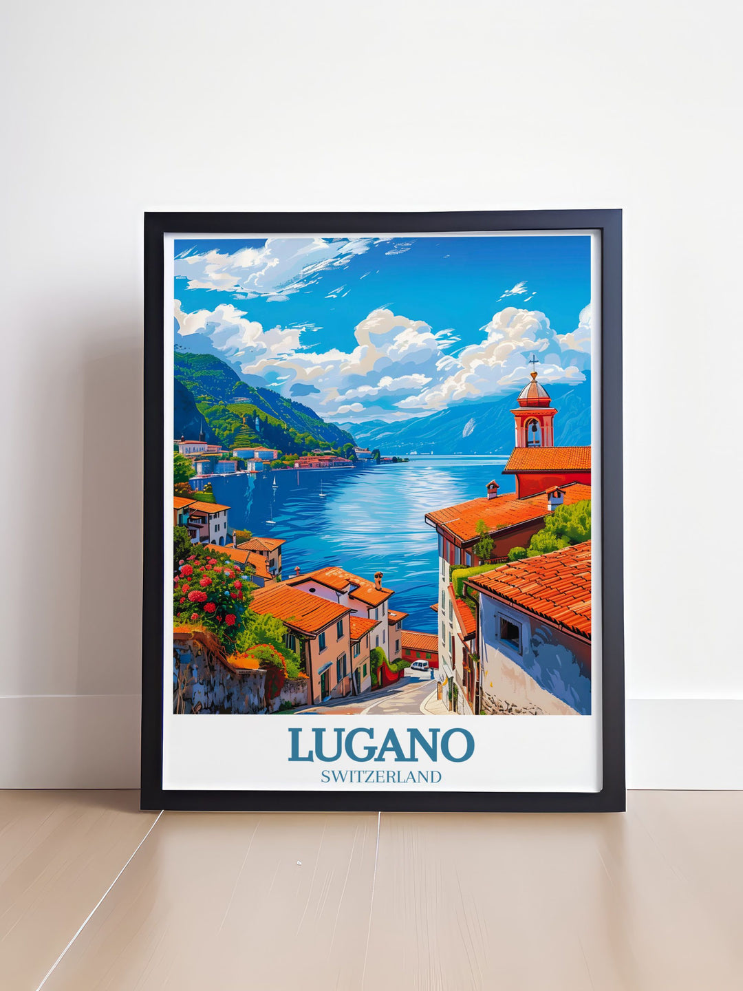 Showcasing the tranquil waters of Lake Lugano, this poster captures the crystal clear waters and stunning mountain backdrop. Perfect for nature lovers and those seeking serenity.