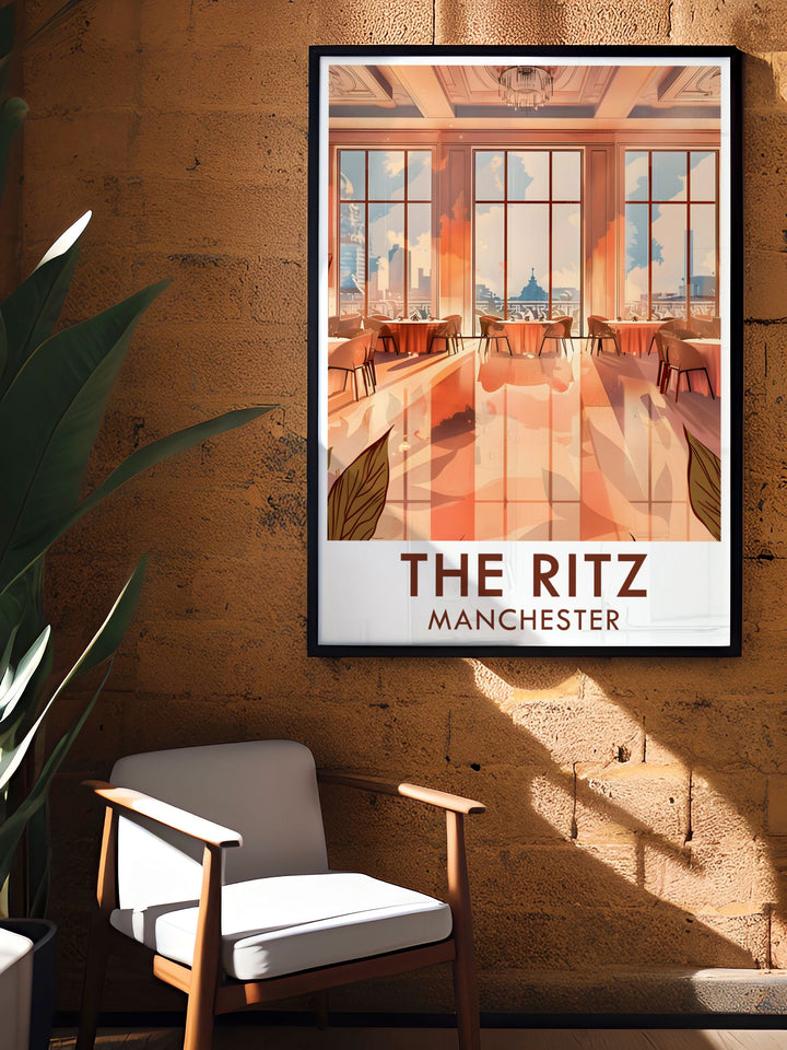 Featuring the grand ballroom of The Ritz Manchester, this travel print combines vintage charm with Manchesters vibrant music history. Ideal for home décor or as a gift, this art deco poster brings a touch of elegance to any space.