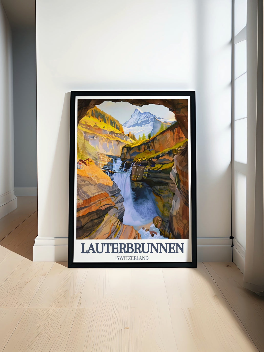 Lauterbrunnen Poster Print featuring Trummelbach Falls and Jungfrau Mountain perfect for adding Swiss wall decor to your home with a stunning view of Switzerlands natural beauty and iconic landmarks