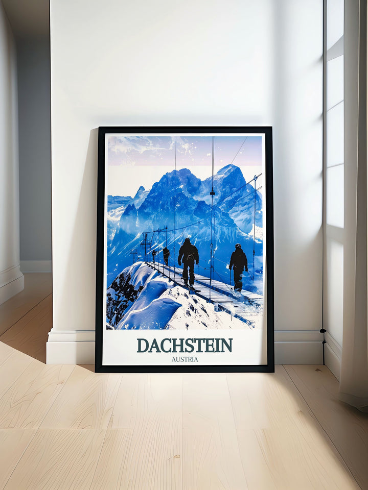 Dachstein Skywalk, Alps travel poster showcasing the stunning views of Dachstein Mountain and the breathtaking Austrian landscape perfect for enhancing any home decor with a touch of natural beauty and elegance.
