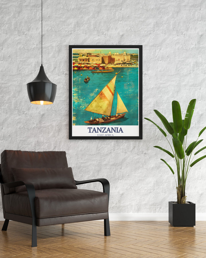 A vibrant travel poster print showcasing the beauty of Tanzania, highlighting its unique landscapes and cultural heritage. The artwork features Tanzanias diverse cities and stunning natural beauty, making it perfect for anyone passionate about travel and African destinations.