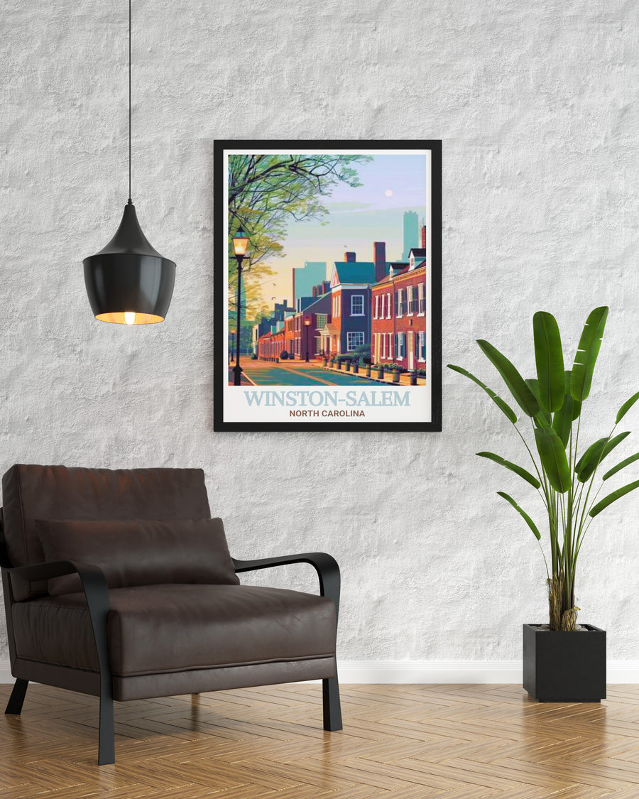 Old Salem Museums &amp; Gardens travel poster highlighting the scenic views and historical significance of Winston Salem. This print is ideal for history lovers, bringing a touch of the citys rich heritage into your home.