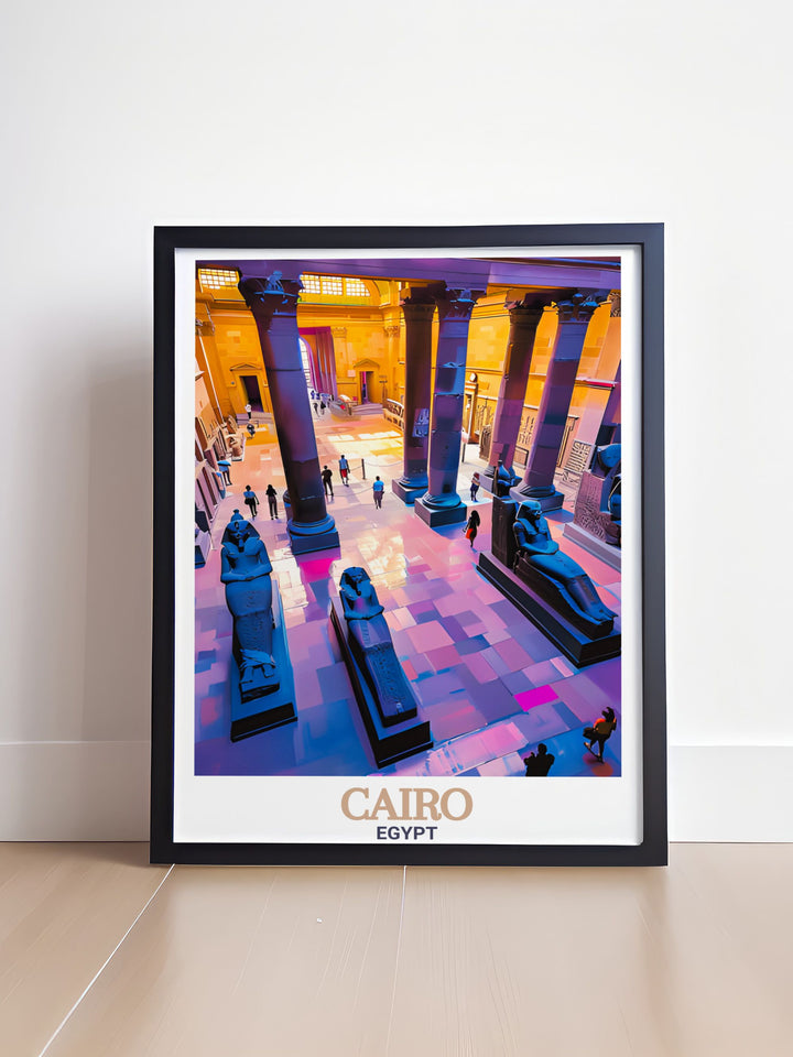 Bring the magic of Cairo to your walls with this vintage style Egyptian Museum travel poster a perfect decor piece for any room and a great gift for travel enthusiasts and art lovers.