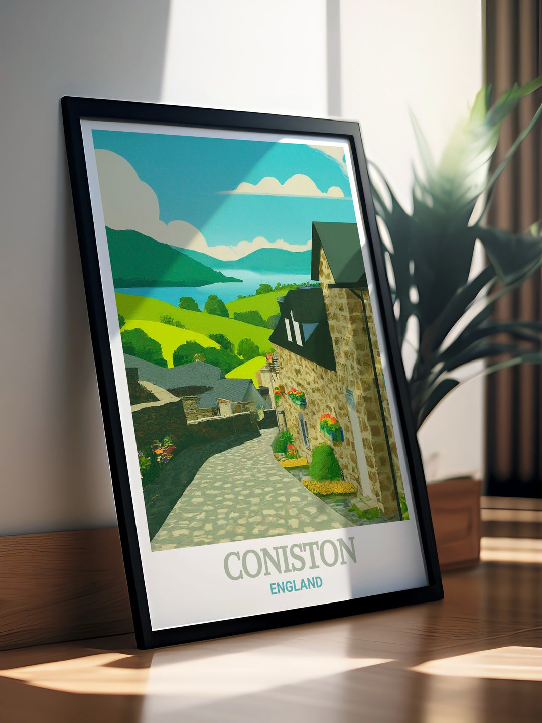 Travel poster featuring Coniston Village in the Lake District, capturing the peaceful ambiance of Coniston Water against the backdrop of the English countryside, ideal for enhancing your living space with scenic beauty.