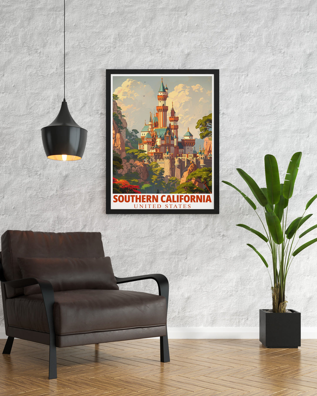 A whimsical art print of Sleeping Beauty Castle, set in sunny Southern California. This travel poster is ideal for anyone looking to add a touch of Disney magic to their home décor, with its bold colors and detailed design.