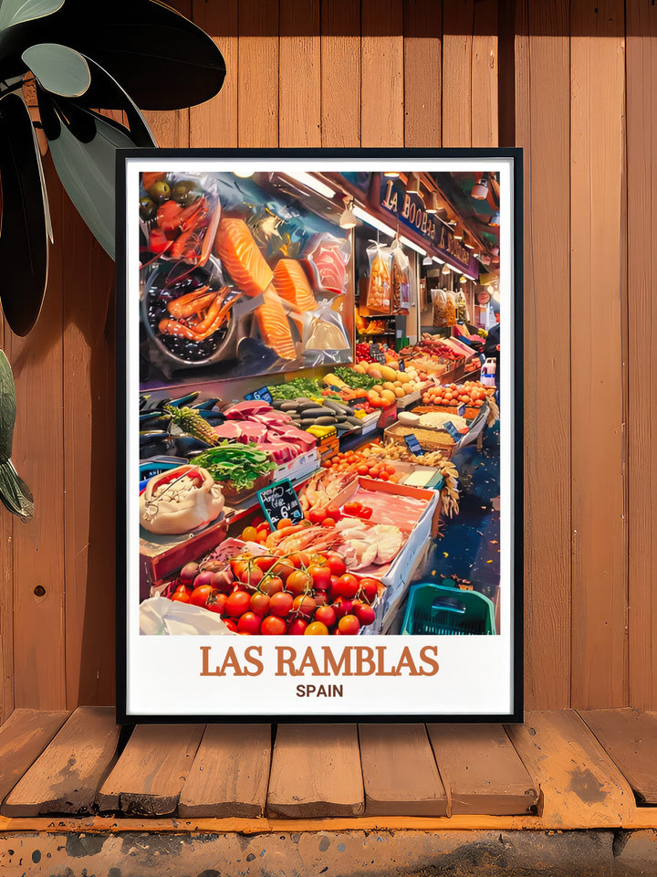 Bring the colors and flavors of La Boqueria Market into your home with this travel print, showcasing the bustling energy of Barcelonas iconic food market. Ideal for kitchen decor or as a gift for food lovers.