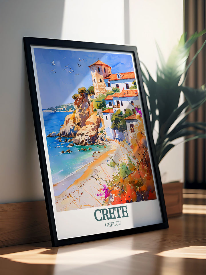 Highlighting the unique landscape of Balos Beach, this art print features the striking contrast of pink sand and azure waters. Ideal for enhancing your living space, this travel poster captures the essence of Cretes natural beauty and is a perfect addition for beach lovers.