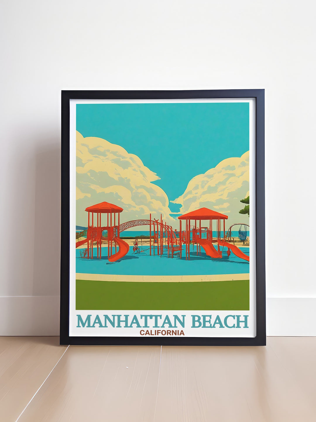 This Manhattan Beach poster print beautifully captures the iconic California shoreline with its expansive views and tranquil vibes. Paired with Polliwog Park, this travel print offers a glimpse of both coastal and natural beauty, perfect for enhancing any room with a touch of California charm.