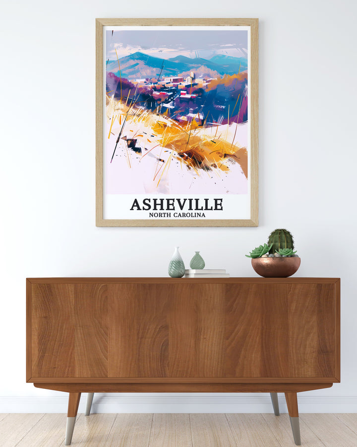 Bring the charm of Blue Ridge Mountains Asheville Town into your home with this stunning art print featuring the citys map and surrounding mountains in bright colorful detail ideal for home decor and meaningful gifts for friends and family.