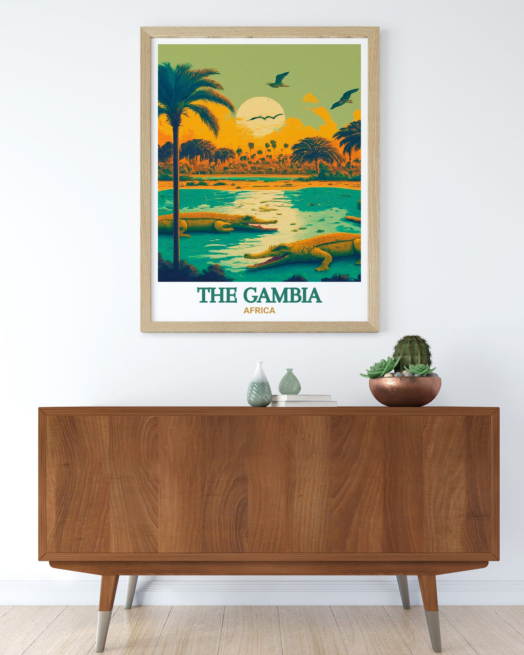 The Gambia poster collection featuring Kachikally Crocodile Pool. This art print brings the serene and mystical vibes of the crocodile pool into your home. Ideal for nature and travel enthusiasts, this print adds a unique touch to your home decor with its vibrant and detailed design.