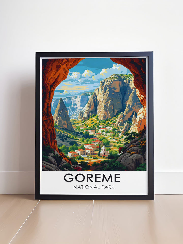 Showcasing the extraordinary landscape of Goreme National Park and the historic Open Air Museum, this travel poster offers a beautiful representation of Cappadocia, Turkey, perfect for enhancing your space with exotic charm.