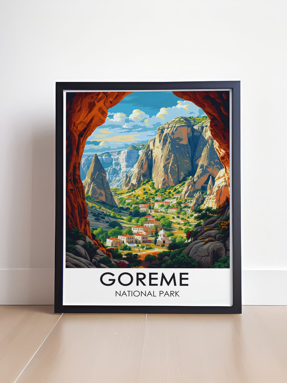 The Open Air Museum Travel Print captures the unique rock formations and ancient churches of Cappadocias Goreme National Park. This framed art is ideal for those who appreciate both history and adventure.