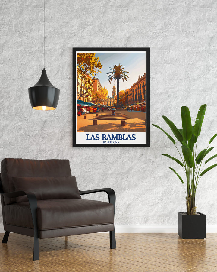 Detailed Spain travel poster of Las Ramblas, showcasing the colorful and energetic street scene that has made this location famous worldwide. This art print is ideal for adding a touch of Barcelonas culture and vibrancy to your home, perfect as a gift for lovers of Spanish travel.