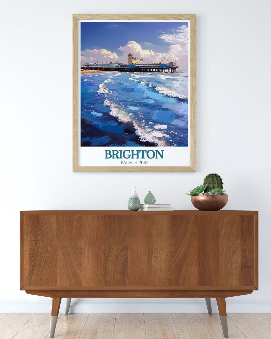 Brighton Pier Print capturing the lively atmosphere of Brighton Palace Pier with the backdrop of the English Channel perfect for vintage travel print collectors and those who love coastal artwork.
