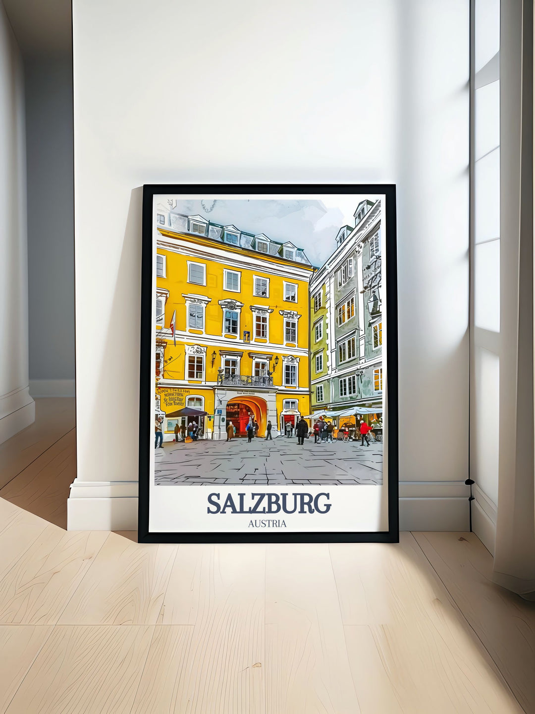 Salzburg print featuring Salzburg Cathedral and Getreidegasse. This fine line print brings Salzburg's historic charm into any home. Perfect for wall art or gifts this colorful Salzburg travel print adds elegance and style to any decor.