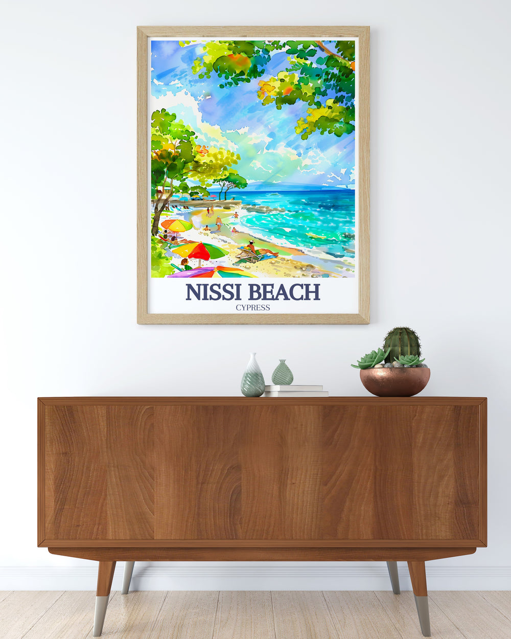 This Nissi Beach travel poster highlights the crystal clear waters and sandy shores of Cypruss iconic beach. Perfect as a canvas art piece or wall poster, this artwork brings the charm of Nissi Beach into your home and makes a great travel gift.
