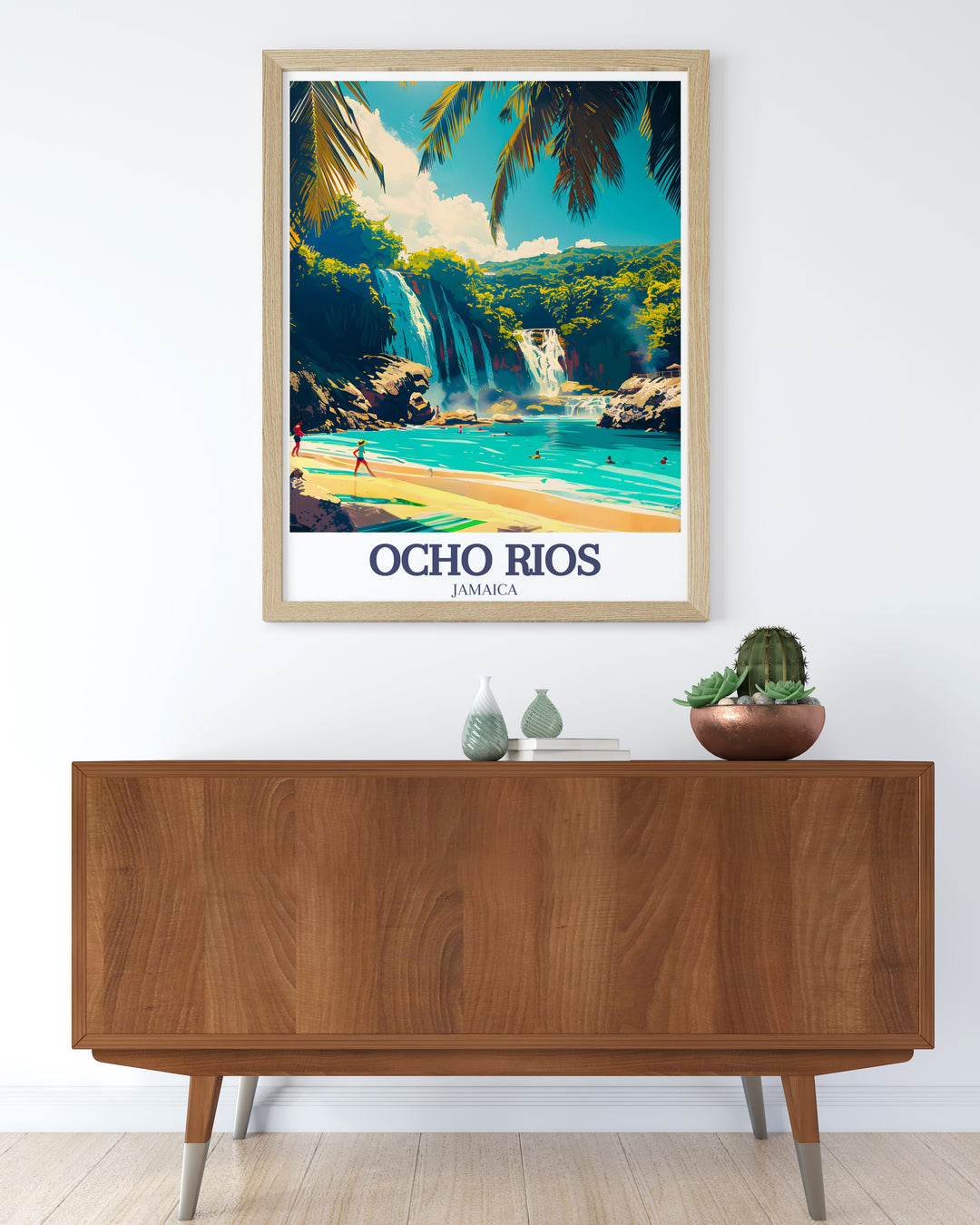 Adorn your walls with the serene beauty of Dunns River Falls and the pristine beaches of Ocho Rios with this travel print. The detailed artwork and rich colors bring a touch of the tropics to your home, making it a perfect gift for beach lovers and travel enthusiasts alike.