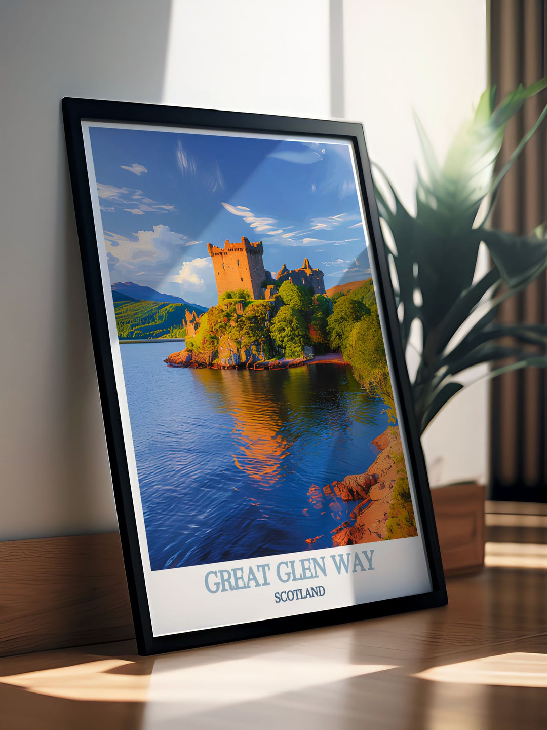 Highlighting the majestic Urquhart Castle, this travel poster showcases the ancient ruins set against the backdrop of Loch Ness, making it an ideal addition for history lovers and admirers of Scottish landmarks.