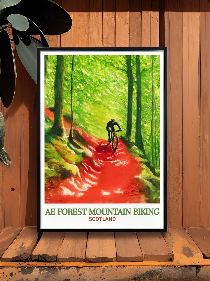 Ae Line Canvas Print capturing the excitement of mountain biking in Scotlands Ae Forest. This stunning artwork brings the essence of the rugged trails and lush landscapes to your home, ideal for outdoor lovers.