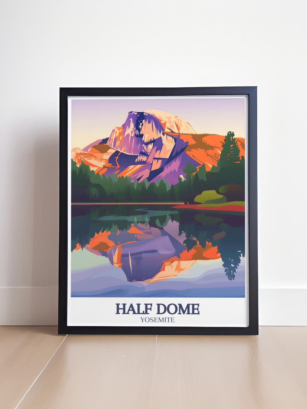 Celebrate the splendor of Yosemite National Park with this stunning poster print featuring Half Dome and Mirror Lake. A great gift for hikers and nature enthusiasts, this artwork will transport you to the heart of Yosemites landscape.