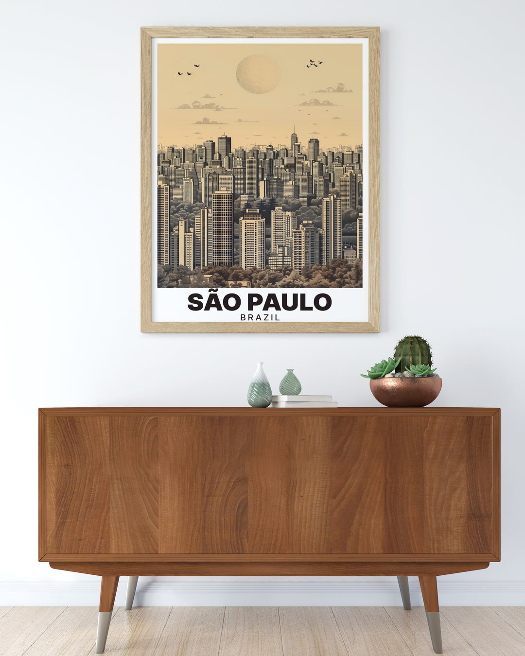 Sao Paulo cityscape poster featuring modern architecture and iconic urban elements. This Brazil art print is the perfect home decor piece for Sao Paulo lovers adding vibrant color and elegance to any living room or office.