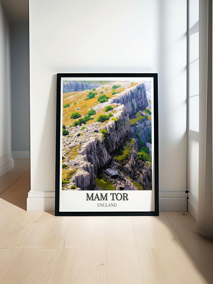 Mam Tor landslip vintage travel print showcasing the Great Ridge peaks and stunning Derbyshire landscape ideal for Peak District art lovers and hiking enthusiasts