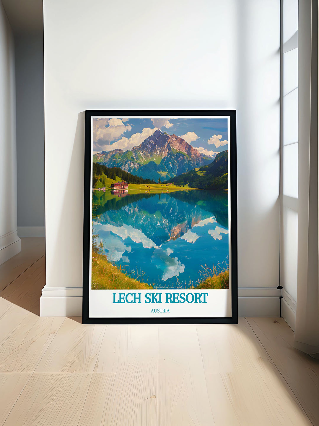 Zursersee Lake modern print showcasing the tranquil beauty of Austrias alpine lake. This stunning art piece is perfect for creating a sophisticated atmosphere in your home. The print highlights the serene waters and surrounding mountains, making it an ideal choice for elegant home decor and lovers of retro wall art.