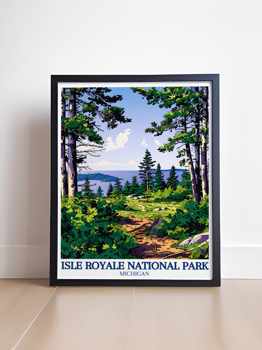 A stunning Isle Royale poster print that captures the breathtaking scenery of Isle Royale National Park. This artwork highlights the rugged beauty of the Isle Royale Hike Trail, inviting viewers to explore the natural wonders of this unique destination.