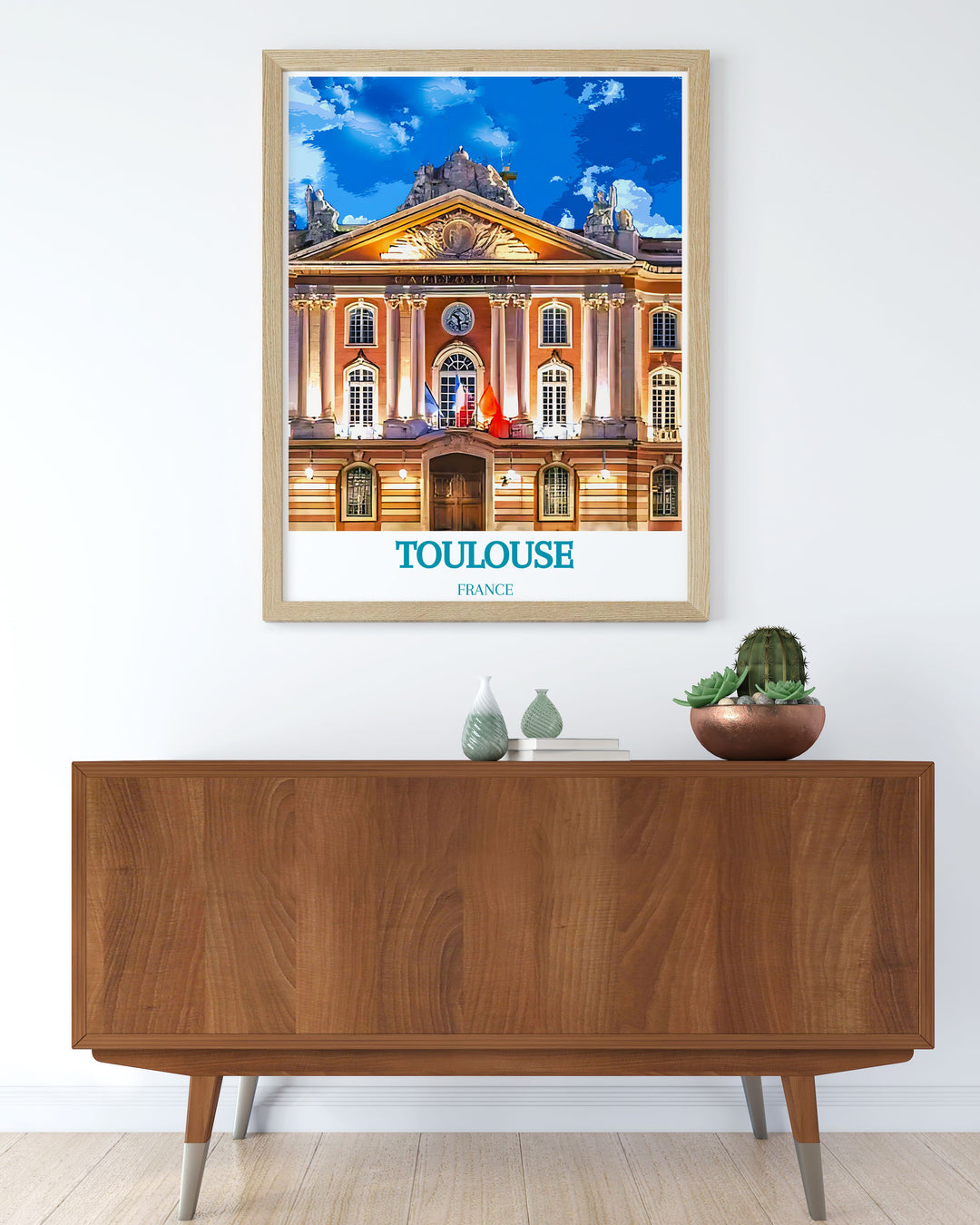 Unveil the charm of Toulouses vibrant streets with this travel poster, capturing the lively atmosphere and cultural richness of the city.