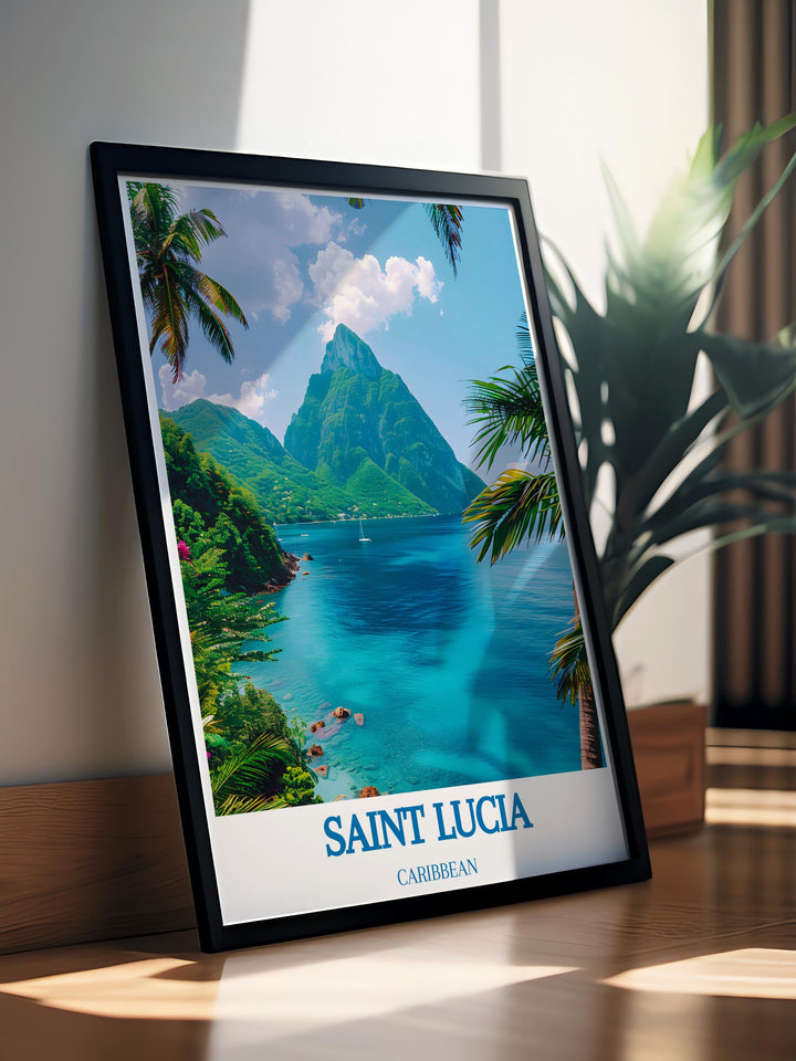 Saint Lucia Poster featuring the Pitons is an elegant way to bring Caribbean charm into your living space perfect for traveler gifts or as a unique Christmas gift this art print adds a touch of tropical luxury to any room with its rich colors and stunning scenery