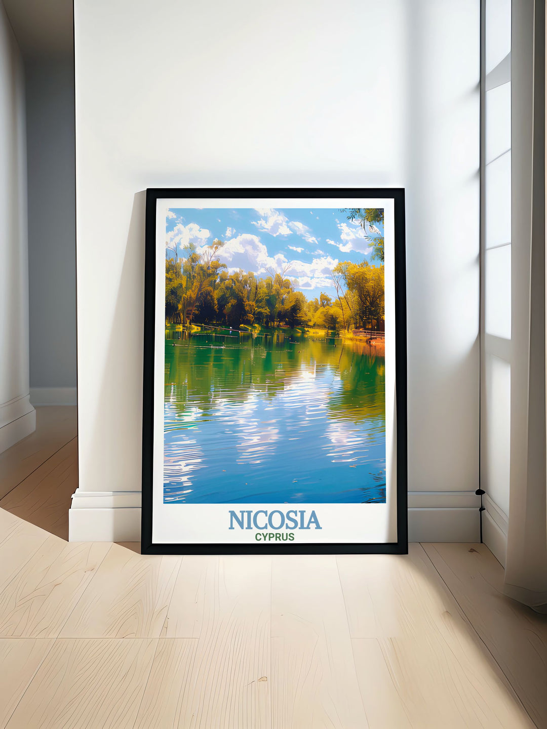 This Nicosia art print features the iconic cityscape alongside the peaceful Athalassa Reservoir. Ideal for anyone who loves Cyprus, this travel print captures the beauty of both urban and natural environments, making it a great choice for home decor or as a special gift.