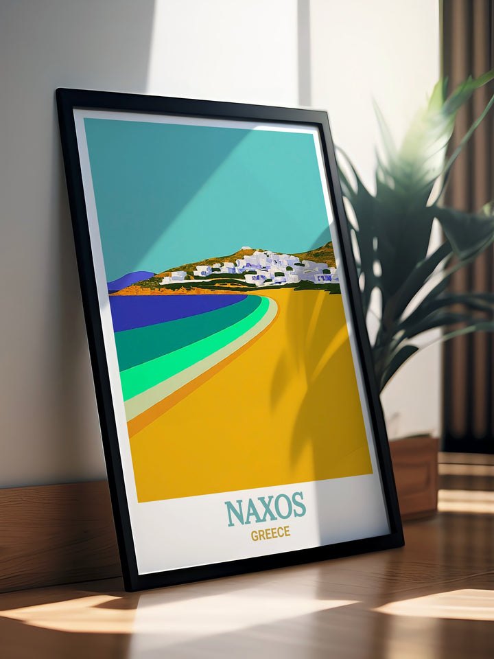 Greece Travel Print featuring Agios Georgios Beach in Naxos a beautiful addition to your home decor bringing the tranquility of the Cyclades islands into your living space ideal for creating a serene atmosphere with this Naxos art print