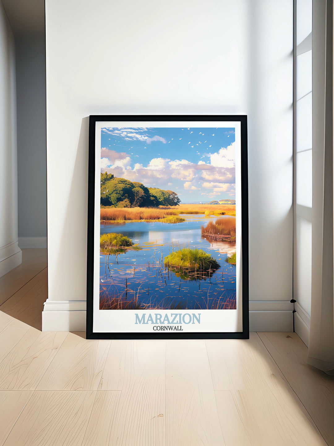 Experience the tranquility of Marazion Marsh with our Cornwall wall art featuring the serene beauty of Marazion and the iconic St Michaels Mount perfect for adding a touch of coastal charm to your home decor with elegant and timeless prints